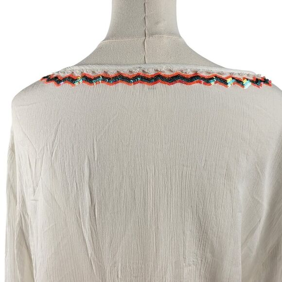 NEW POL Small Off-White Crinkled Cotton Blouse Embroidered Tie Tassels BOHO - Picture 12 of 15